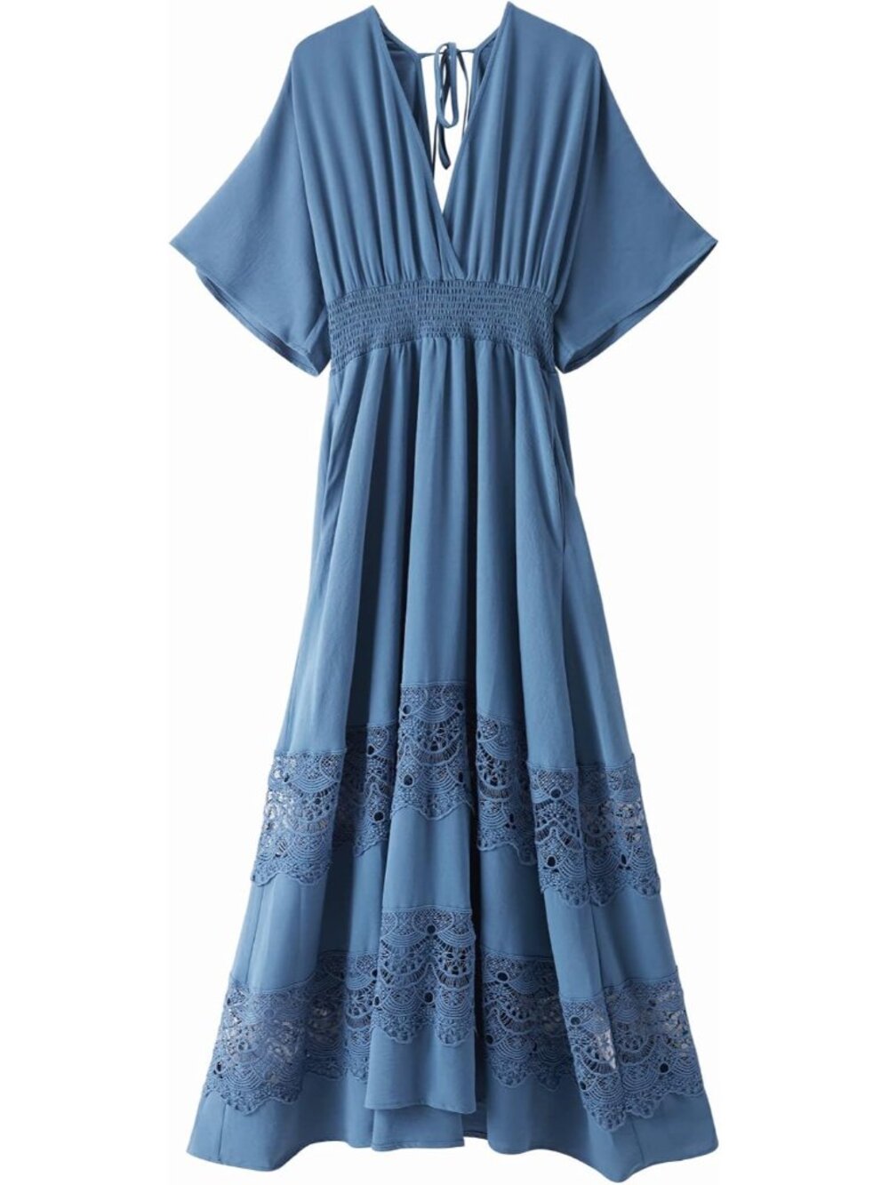 Boho Maxi Dress V Neck Short Sleeve Lace Smocked Waist Flowy Dress